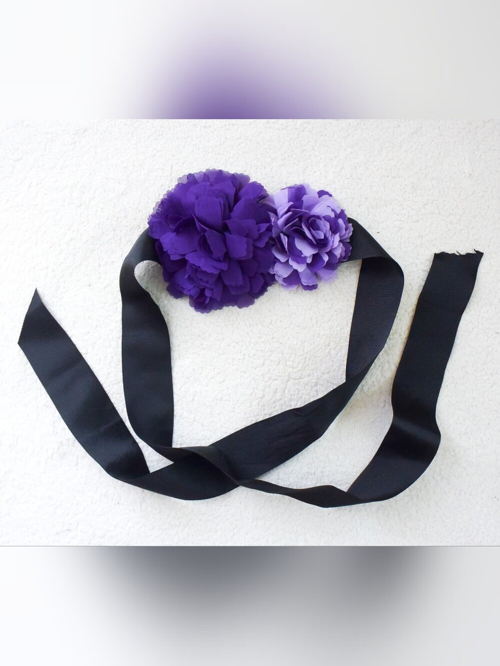 *White House Black Market* Black Ribbon Belt Sash w/ Purple Flowers.